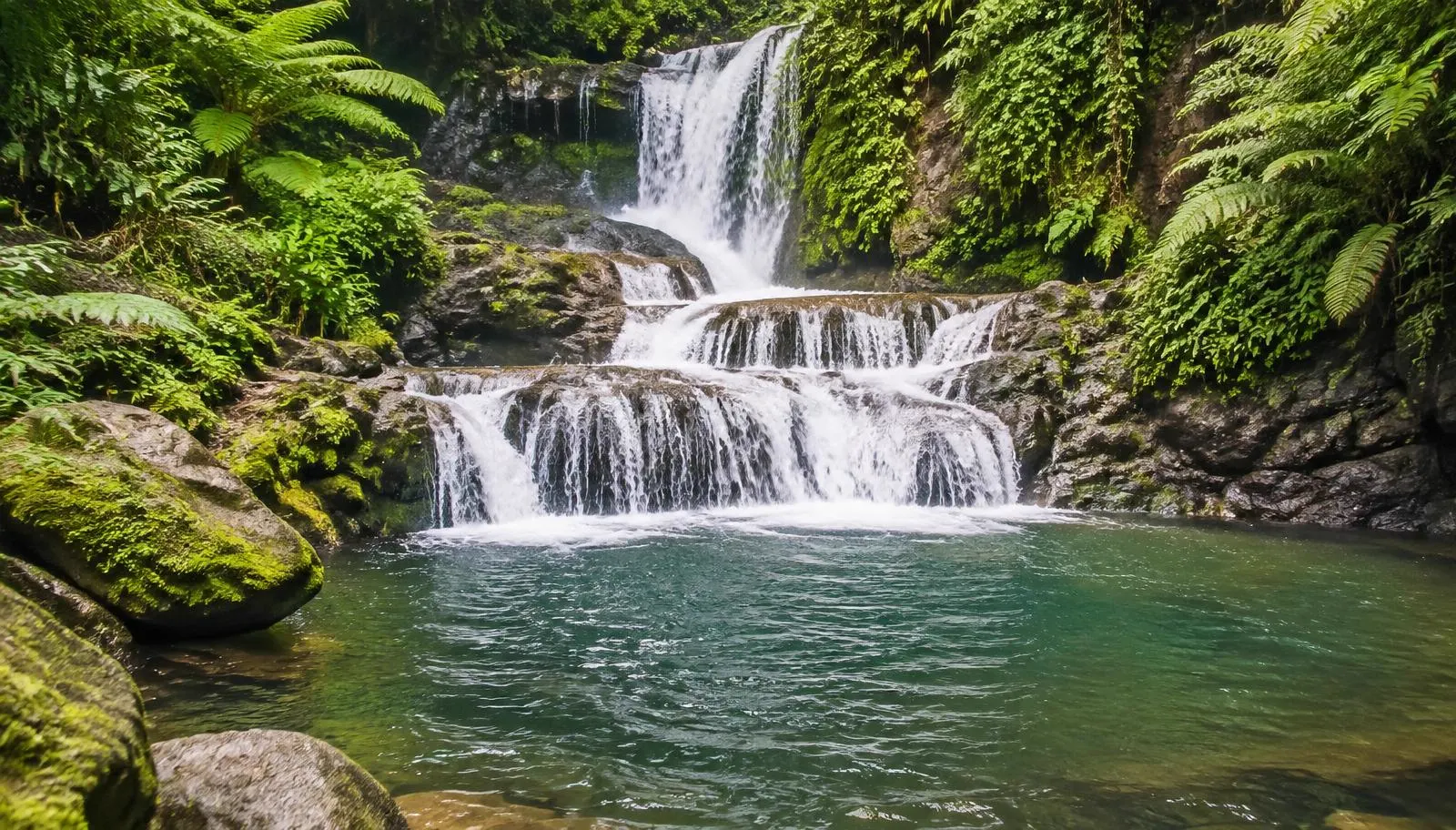 Tiered jungle waterfall flowing into a green natural pool
