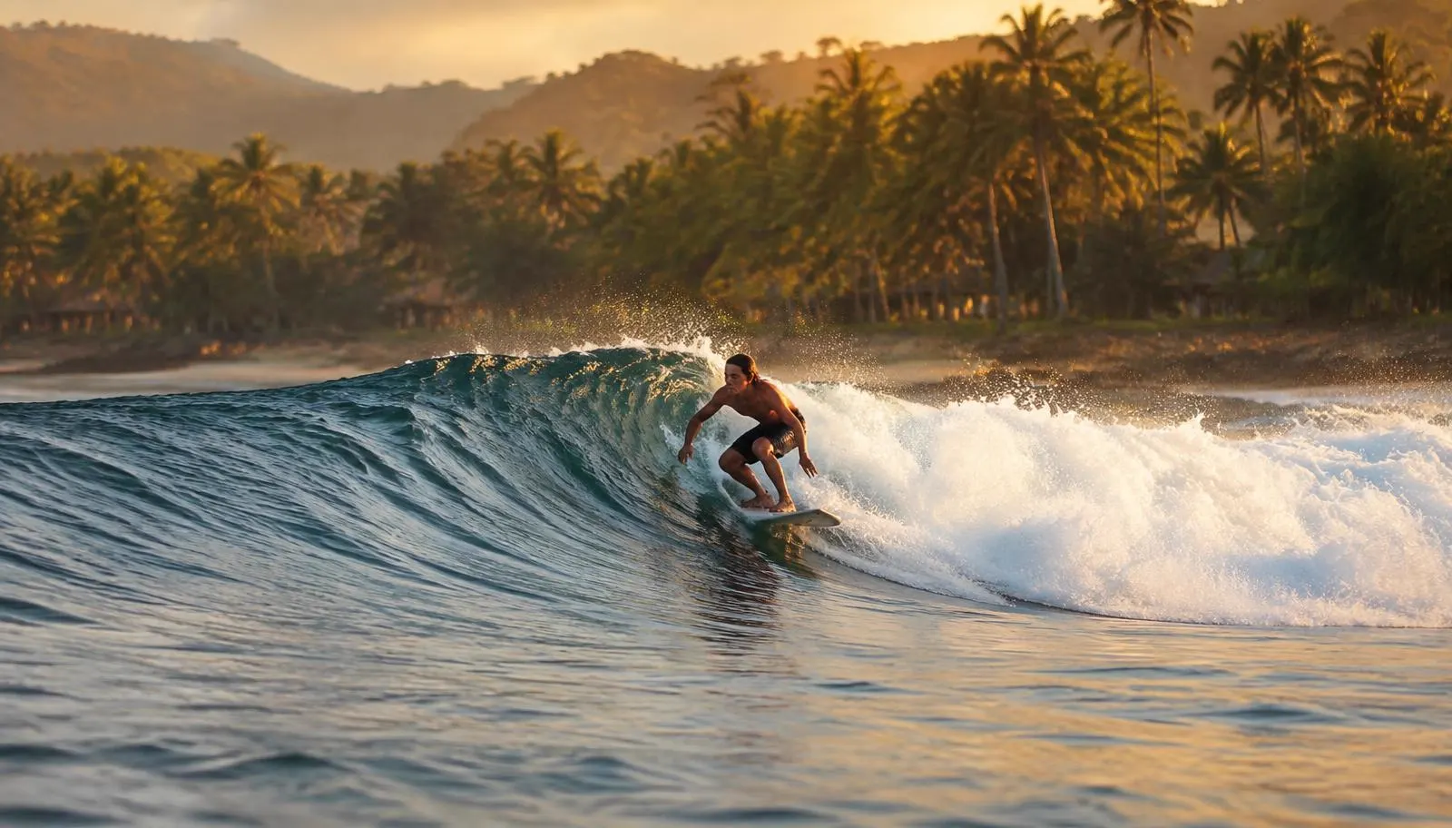 Surfer riding a clean wave at golden hour with palms behind