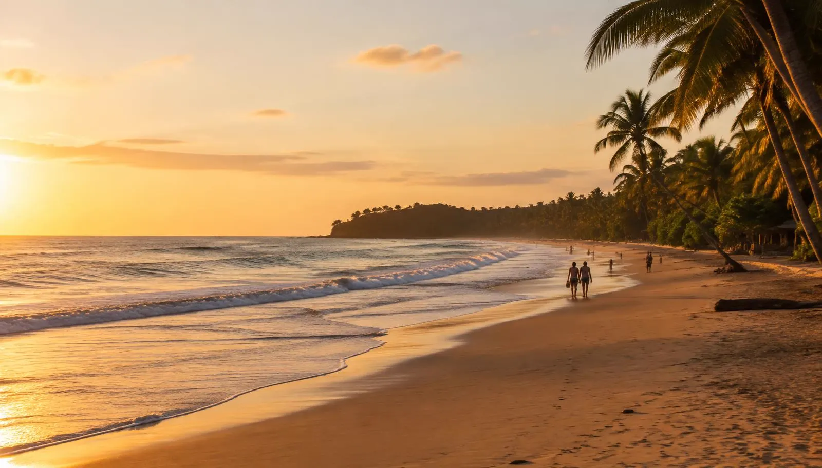 Golden-hour beach with palms and gentle surf on the Pacific coast near Santa Teresa