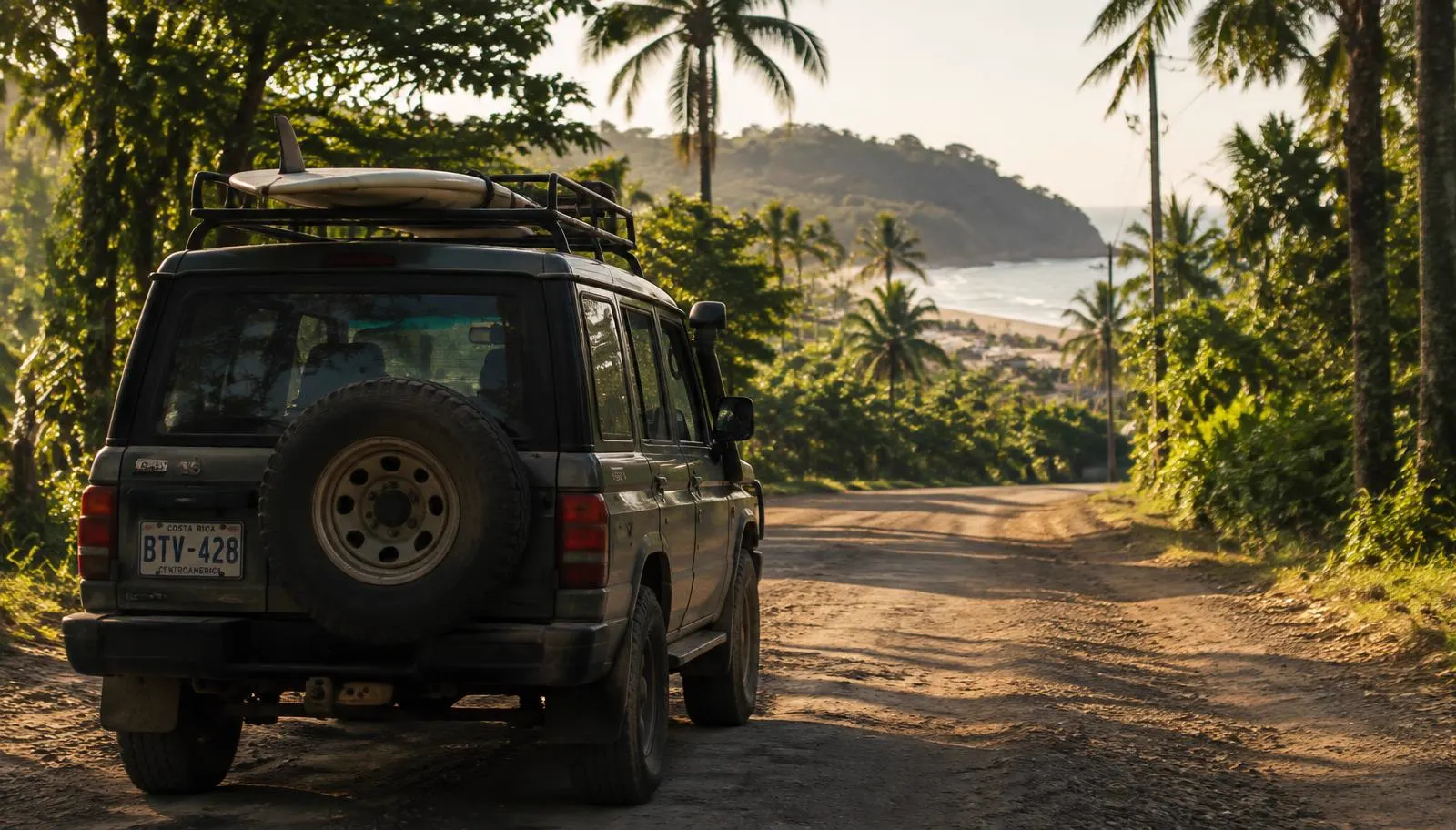 4x4 with a surfboard on a dirt road leading to a Costa Rica beach