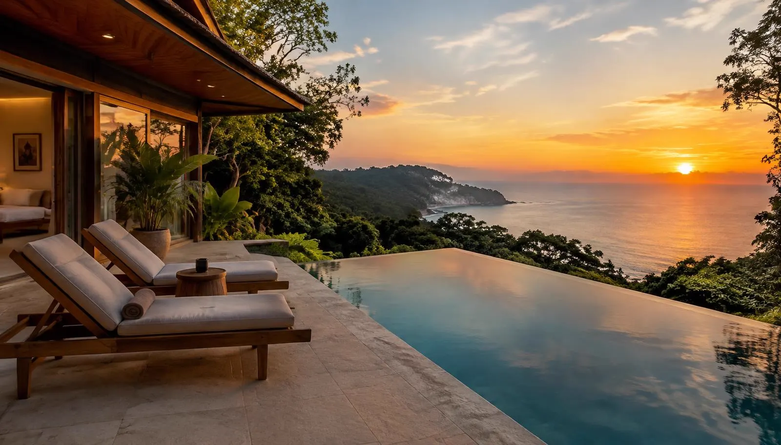 Infinity pool of a jungle villa overlooking the Pacific at sunset